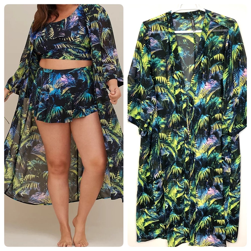 Torrid Sz 4 4X Chiffon Sheer Longline Duster Kimono Tie Front Palm Leaf Cover Up